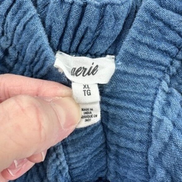 Aerie Womens XL Blue Mini Dress Gauze V Neck Short Sleeve Tiered Frayed Hem - Picture 4 of 6